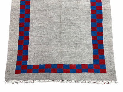 Gray Turkish Kilim Carpet 5' 7" x 7' 7", Medium Kilim Rug, Hand-Knotted, Blue & Red Border, Minimalistic Design, Geometric, Wool, New - Nuvé