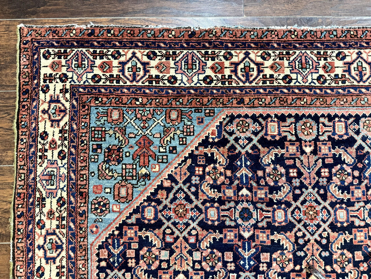 Antique Persian Rug 5 x 6.7, Navy Blue & Ivory, Handmade Persian Wool Carpet, Hamadan Angelas Rug - Nuvé