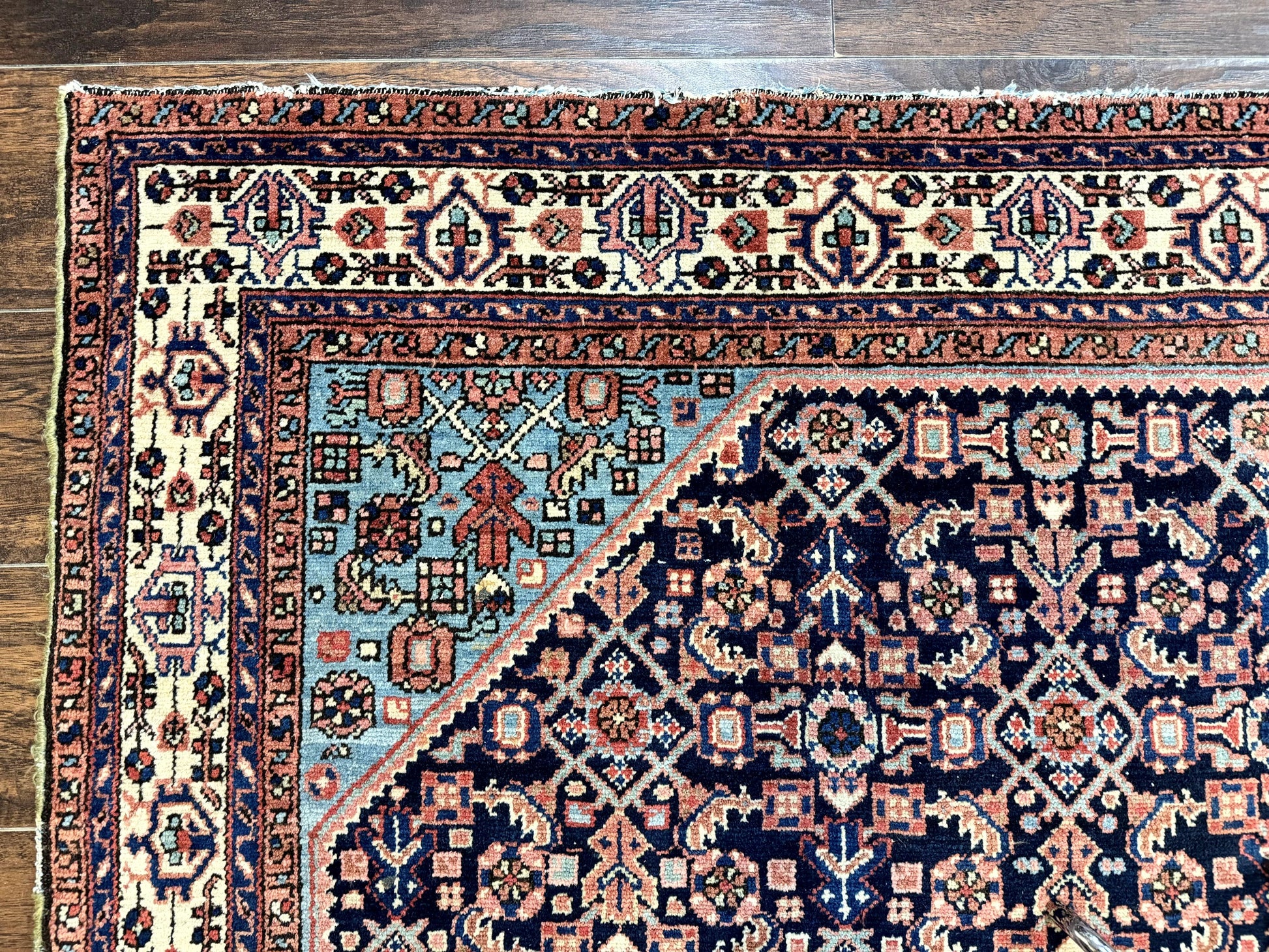 Antique Persian Rug 5 x 6.7, Navy Blue & Ivory, Handmade Persian Wool Carpet, Hamadan Angelas Rug - Nuvé