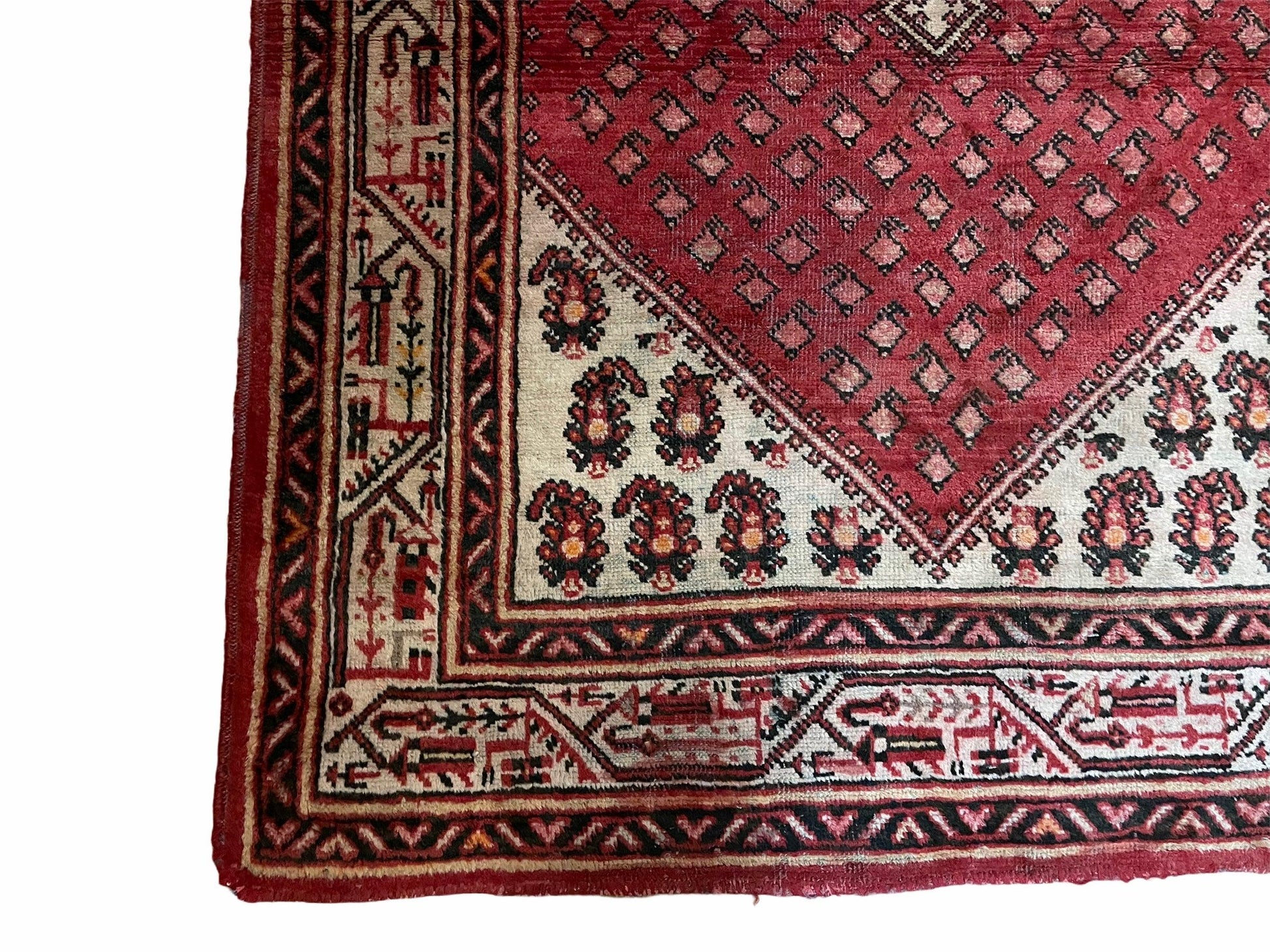 4 X 6.5 Antique Handmade Wool Rug Paisley Boteh Design Tribal Rug Red Ivory - Nuvé