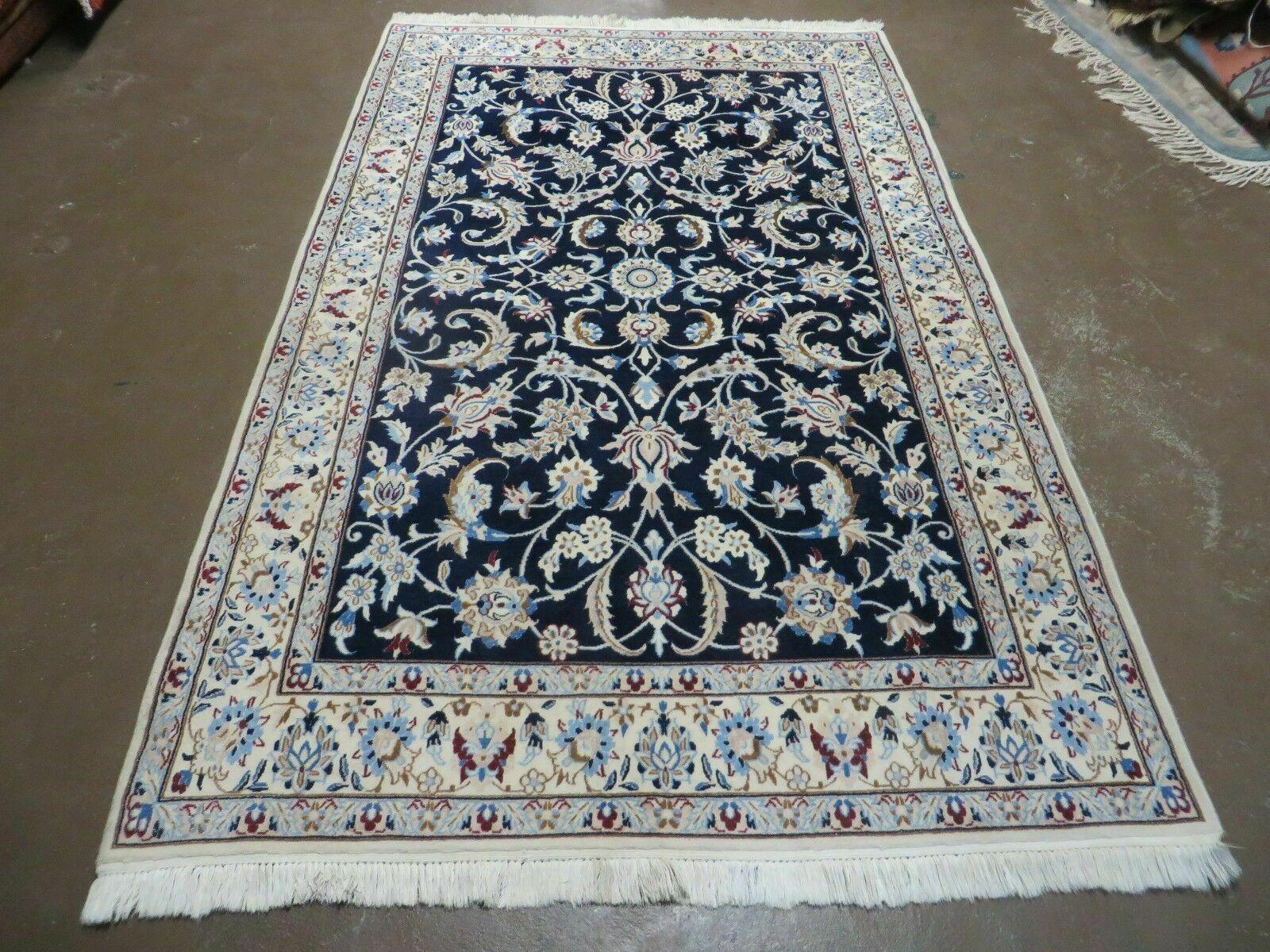 Persian Nain Rug 4x7, Navy Blue and Ivory, Handmade, Wool & Silk Highlights, Fine Oriental Rug, Vintage - Nuvé