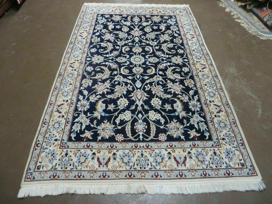 Persian Nain Rug 4x7, Navy Blue and Ivory, Handmade, Wool & Silk Highlights, Fine Oriental Rug, Vintage - Nuvé