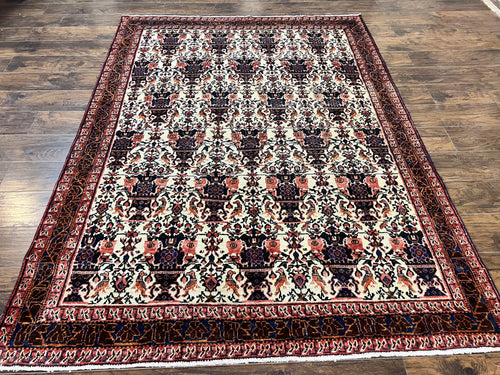Persian Afshar Rug 6x8, Wool Hand Knotted Semi Antique Vintage Carpet, Floral Allover, Repeated Birds Flowers Vases Motifs - Nuvé