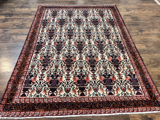 Persian Afshar Rug 6x8, Wool Hand Knotted Semi Antique Vintage Carpet, Floral Allover, Repeated Birds Flowers Vases Motifs - Nuvé