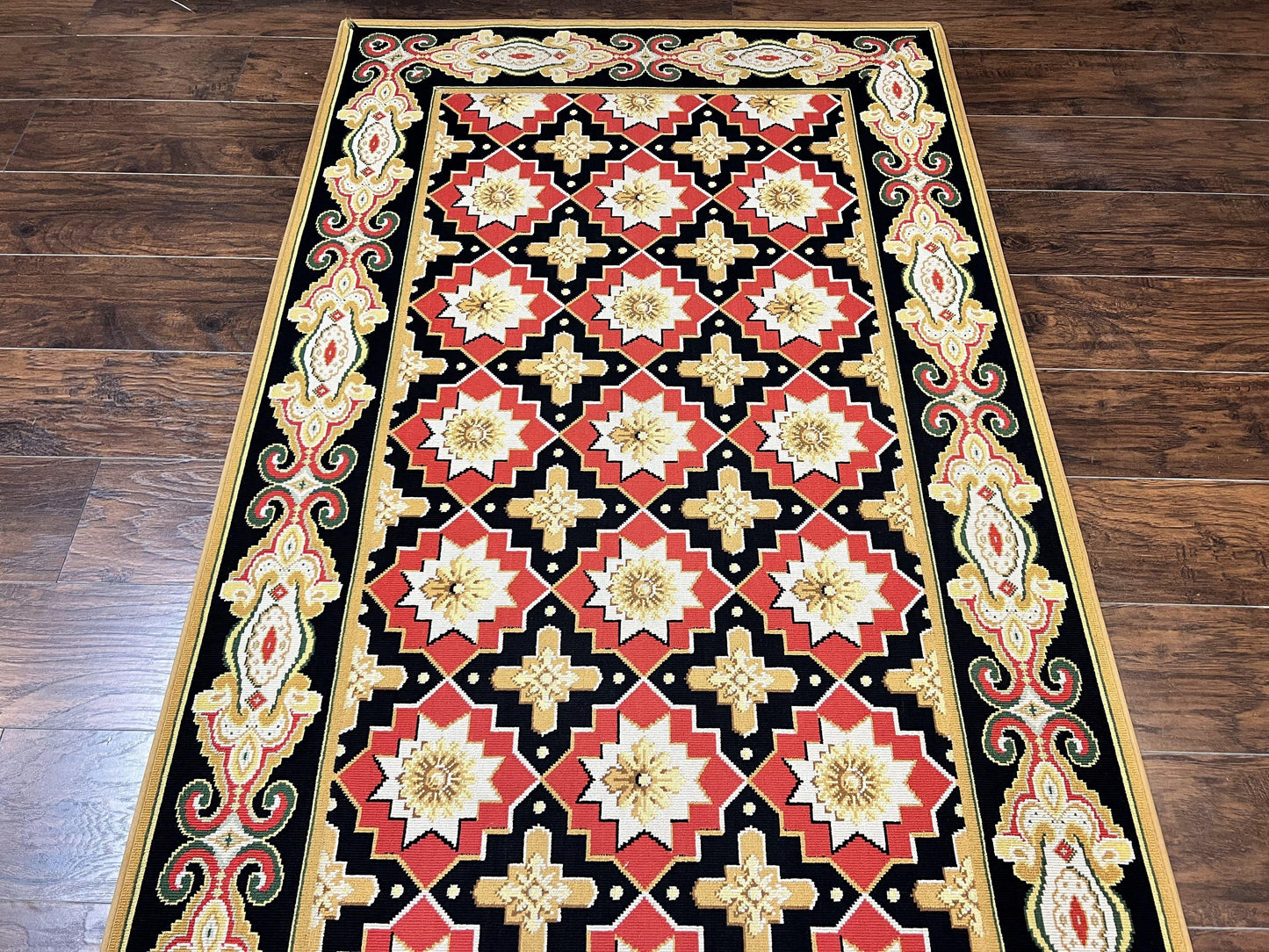 Runner Rug 4x19, Panel Design Rug, Custom Made Stark Runner Carpet, Wool, Vintage 4 x 19 Hallway Rug, European Design, Red Black Ivory Tan - Nuvé