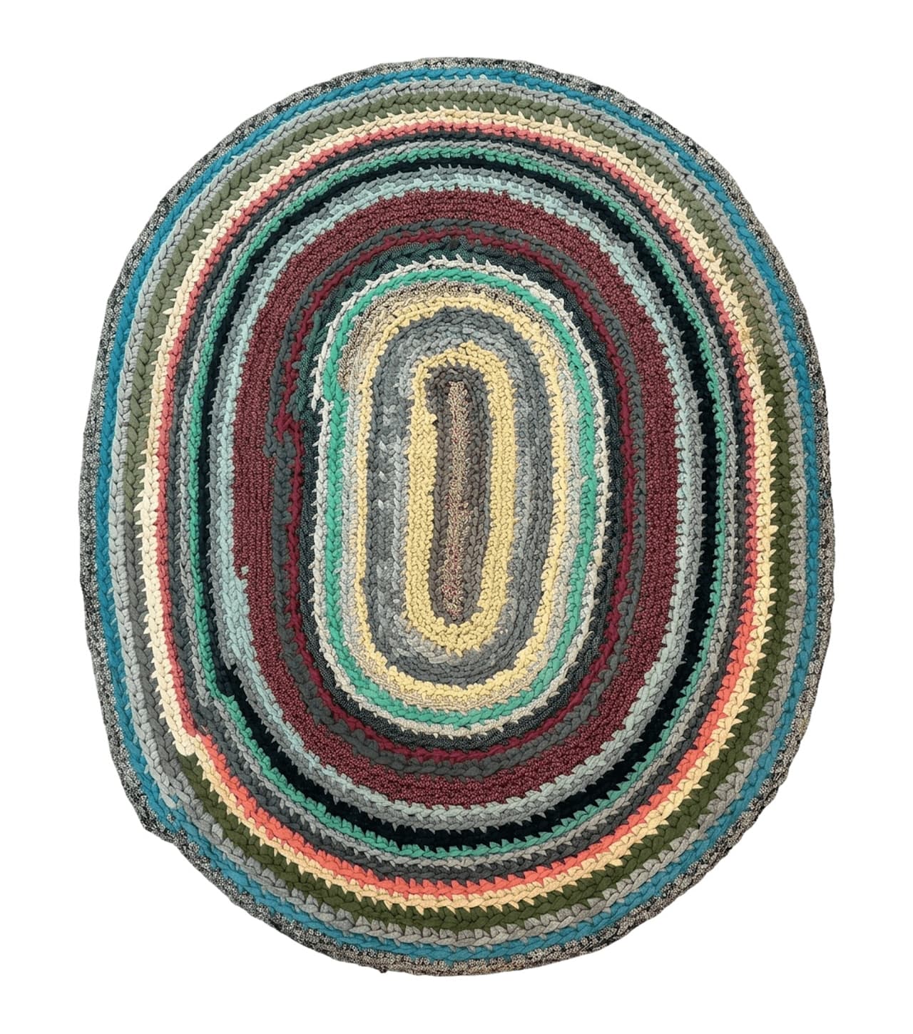 Antique American Braided Rug 5x7, Oval Multicolor Handmade Wool Braided Carpet