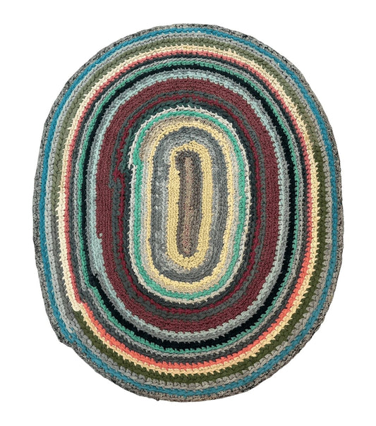 Antique American Braided Rug 5x7, Oval Multicolor Handmade Wool Braided Carpet
