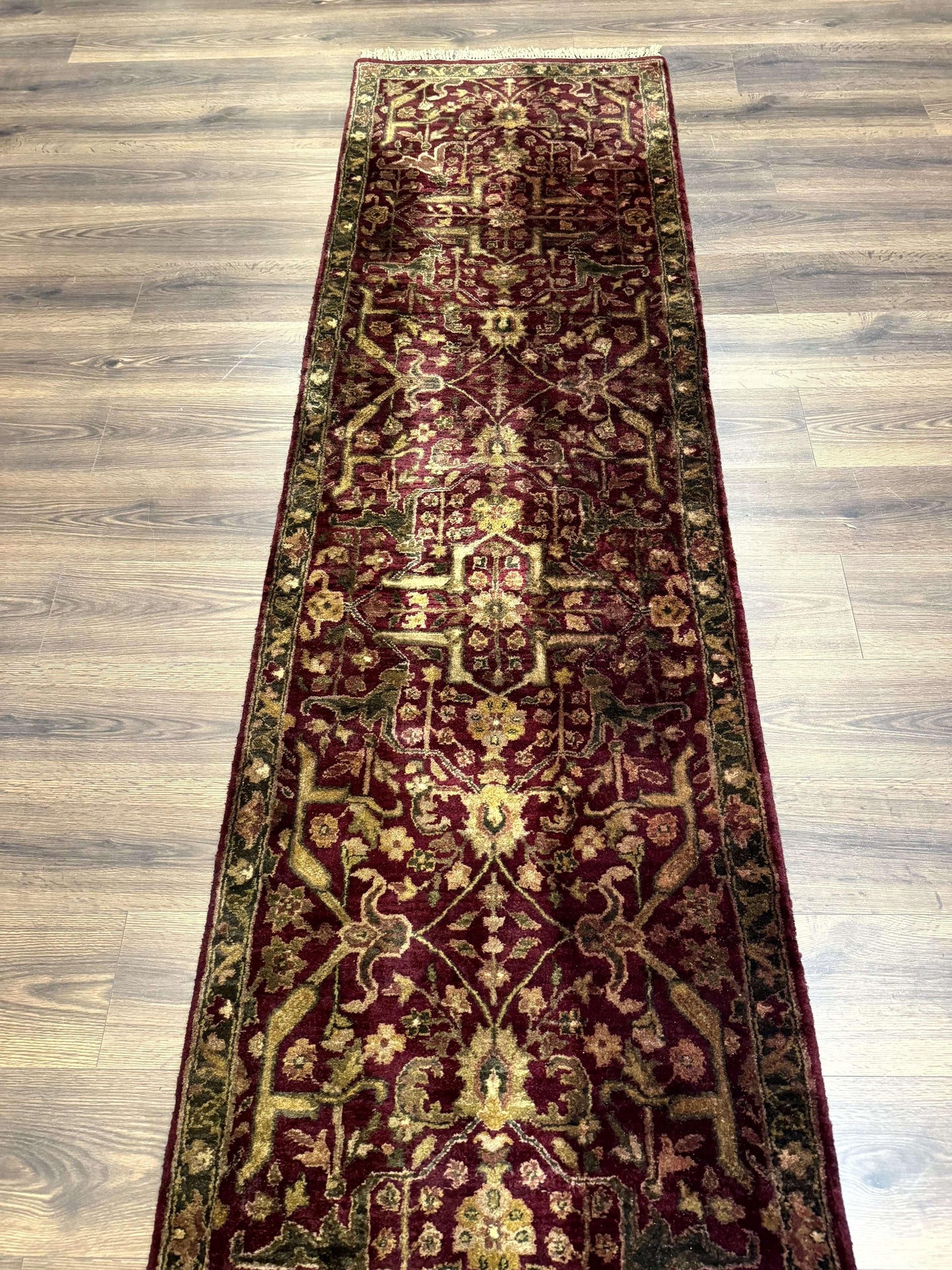 Indo Persian Runner Rug 2.7 x 13.8, Maroon, Wool, Handmade Indian Rug for Hallway - Nuvé