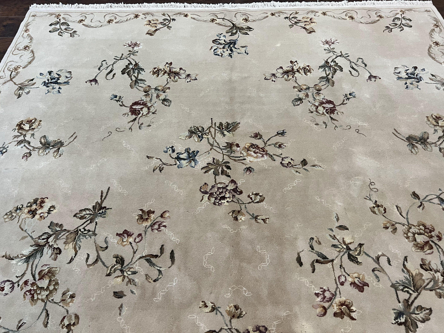 Chinese 120 Line Rug 8x10, Chinese Aubusson Wool & Silk Highlights Handmade Vintage Carpet, Beige Fine Weave Rug, Floral European Design - Nuvé