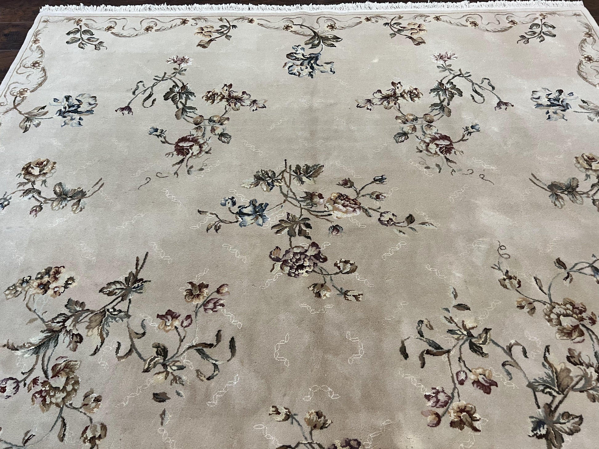 Chinese 120 Line Rug 8x10, Chinese Aubusson Wool & Silk Highlights Handmade Vintage Carpet, Beige Fine Weave Rug, Floral European Design - Nuvé