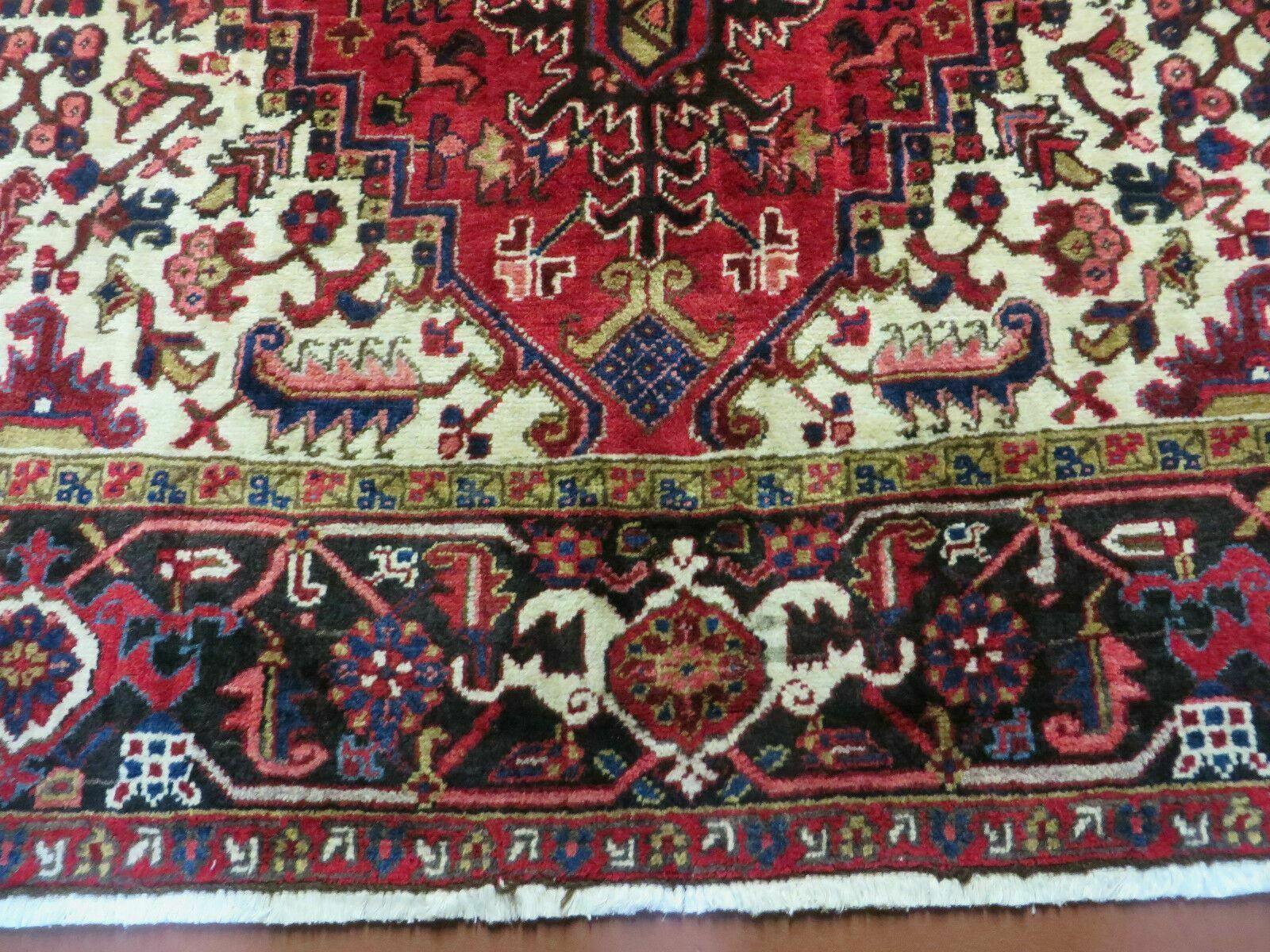 Wonderful Persian Heriz Rug 8.6 x 11, Geometric Heriz Carpet, Semi Antique Decorative Area Rug, Red Ivory Dark Blue Handmade Wool Room Sized - Nuvé