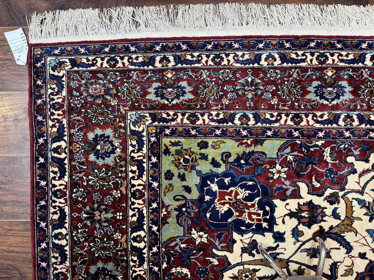 Wonderful Persian Isfahan Rug 7x9, Ivory Navy Blue Red, Floral Medallion, Very Finely Hand Knotted 260 KPSI, Handmade Wool Vintage Rug