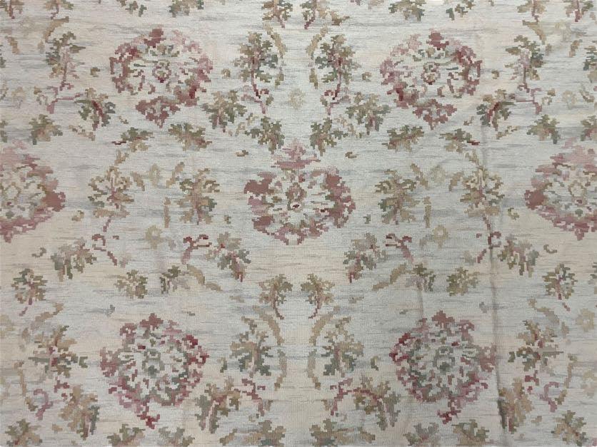 9x12 Flatweave Aubusson Needlepoint Rug, New, Beige, Tan, Green, Handmade, Hand-Knotted Area Rug, French European Carpet, Flowers - Nuvé