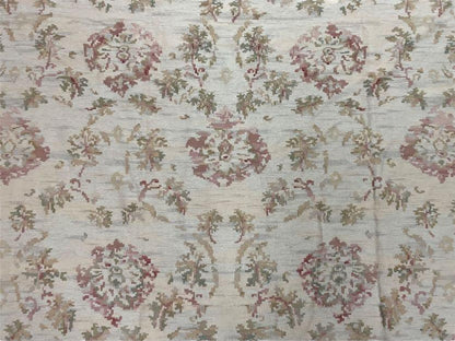 9x12 Flatweave Aubusson Needlepoint Rug, New, Beige, Tan, Green, Handmade, Hand-Knotted Area Rug, French European Carpet, Flowers - Nuvé