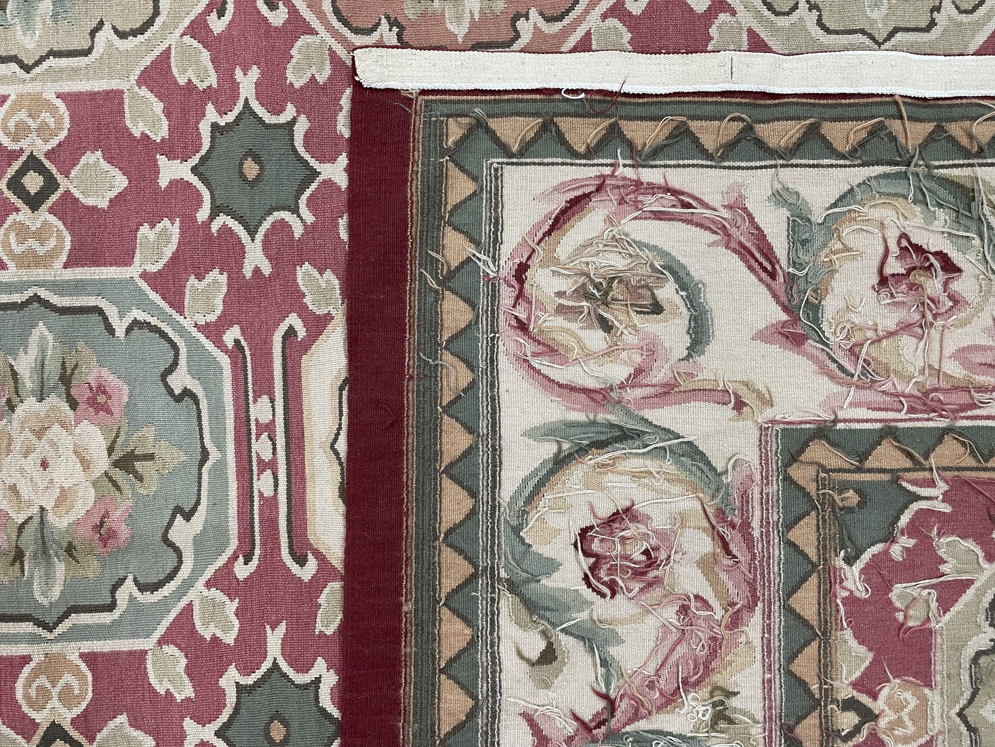 9x9 Square Rug Hand Knotted, Needlepoint Aubusson Carpet, Blush Red, Beige, Green, New, Mint Condition Area Rug, English European Design - Nuvé