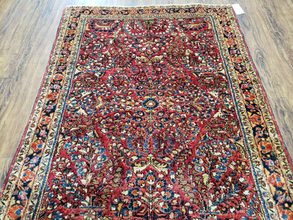 Antique Persian Sarouk Rug, Red, Allover Floral Pattern, Hand-Knotted, Wool, 3'4" x 4'10"