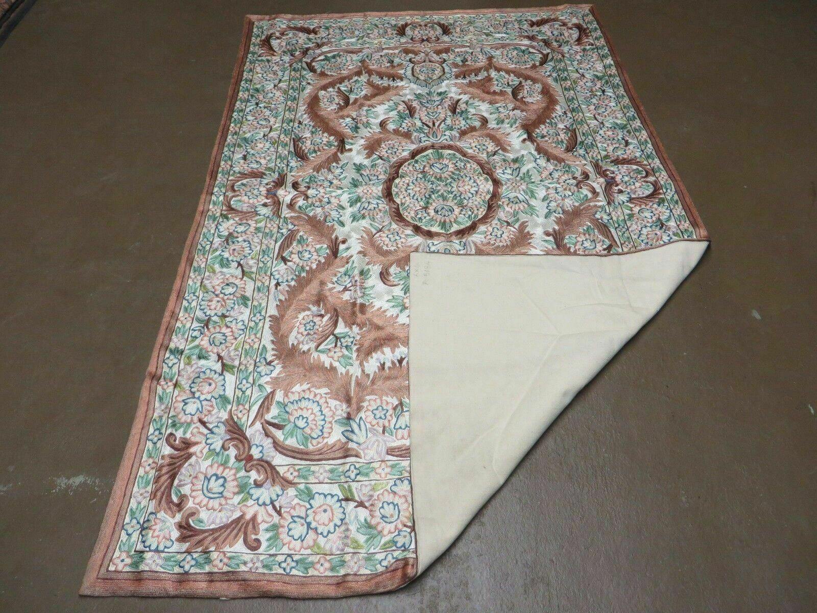 4' X 6' Vintage Embroidery Hand Stitched Rug Silk On Cotton India Backing Nice - Nuvé