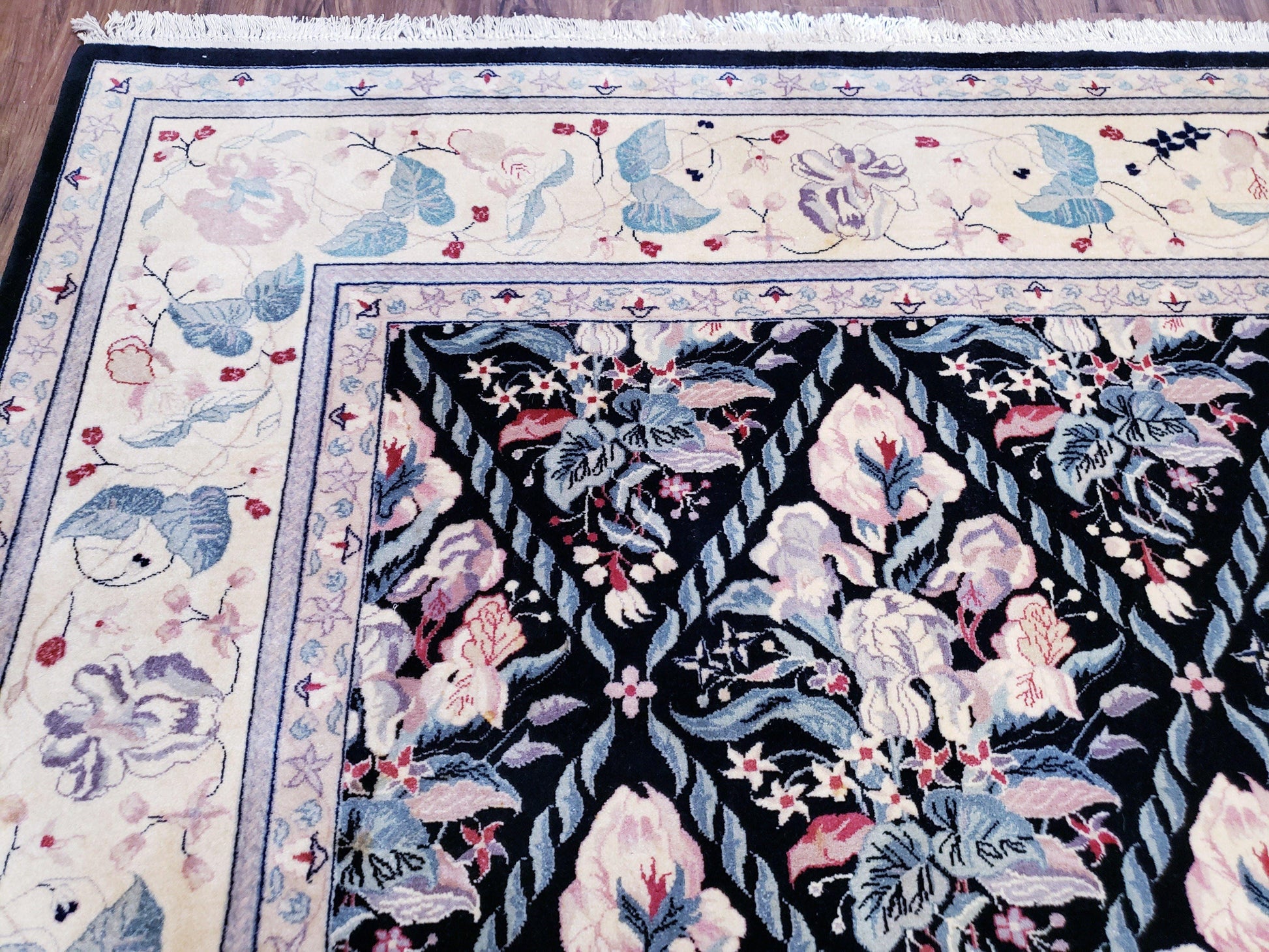 Black Kirman Rug, 8x11 - 9x12 Rug, Sino-Persian Rug, Floral Oriental Carpet, Handmade Rug, Black and Ivory Rug, Room Sized Area Rug, Wool - Nuvé