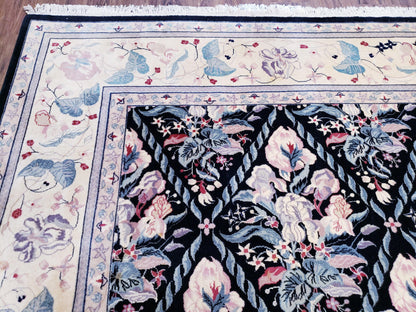 Black Kirman Rug, 8x11 - 9x12 Rug, Sino-Persian Rug, Floral Oriental Carpet, Handmade Rug, Black and Ivory Rug, Room Sized Area Rug, Wool - Nuvé