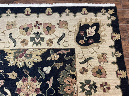 Handmade Indo Persian wool rug, 10x14 floral Oriental carpet in black and beige with intricate traditional Indian Mahal design.