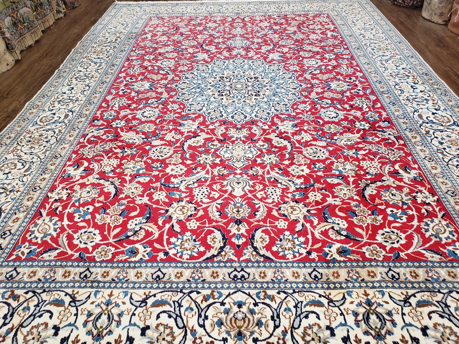 Persian Nain Rug 8x12, Red and Ivory, Signed - Nuvé
