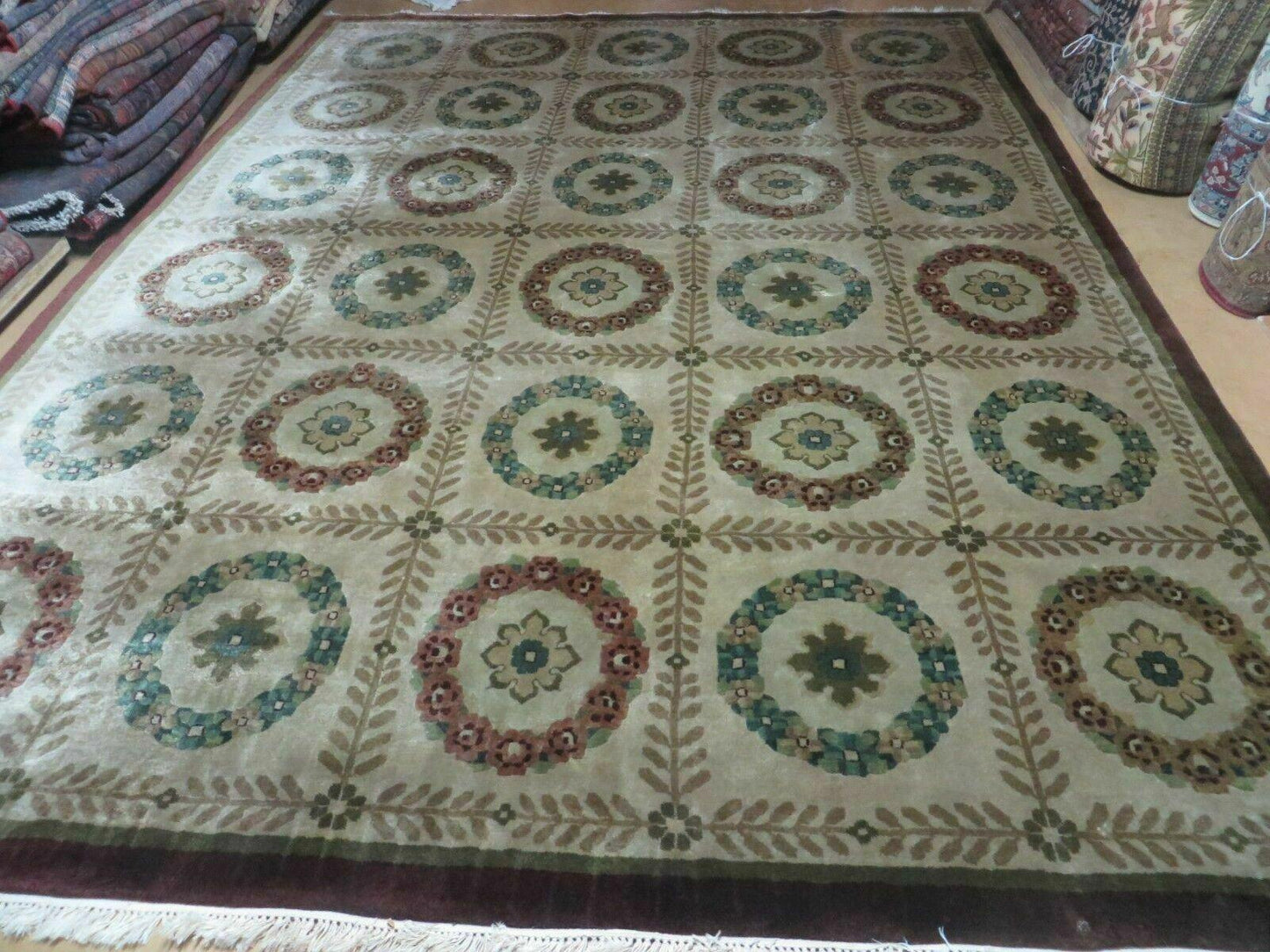 9' X 12' Modern Handmade Indo Lahore Wool Rug Art Deco Olive Ivory Nice Wow - Nuvé