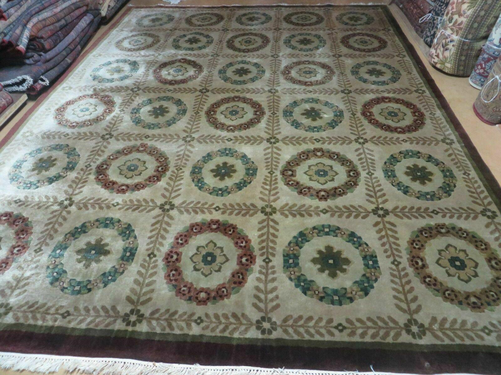 9' X 12' Modern Handmade Indo Lahore Wool Rug Art Deco Olive Ivory Nice Wow - Nuvé