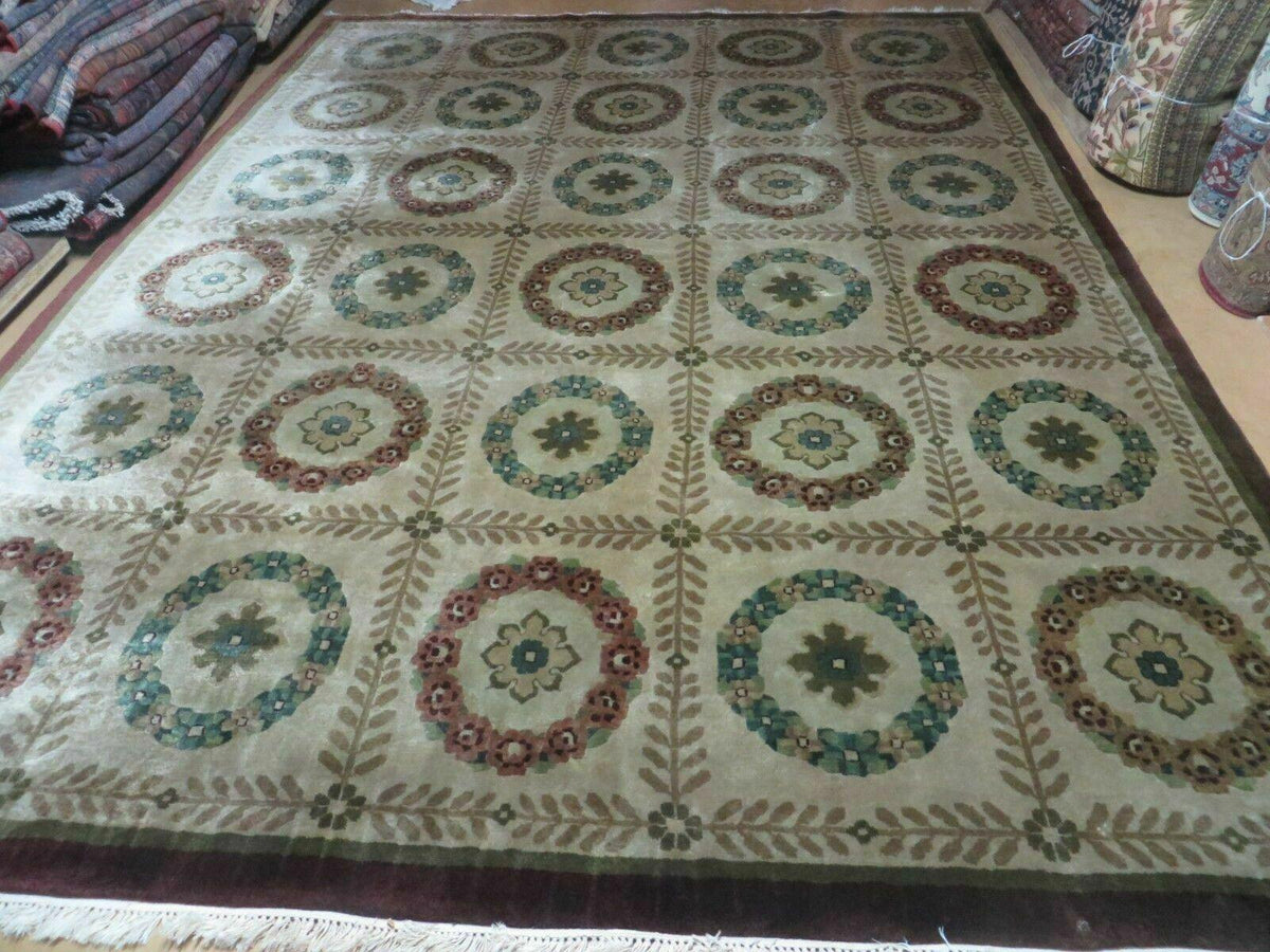 9' X 12' Modern Handmade Indo Lahore Wool Rug Art Deco Olive Ivory Nice Wow