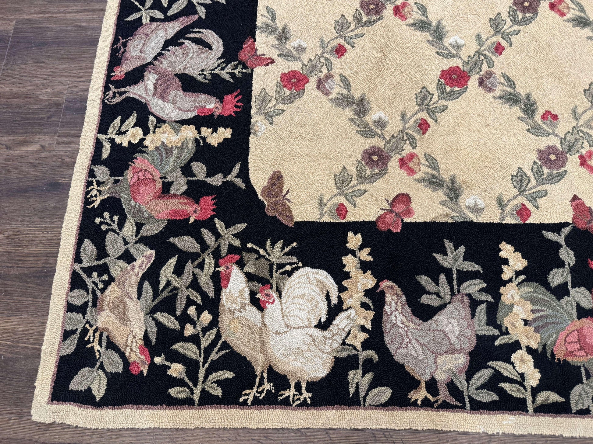 Vintage Hooked Rug 7x9, Rosters in Border, Roses and Butterflies - Nuvé
