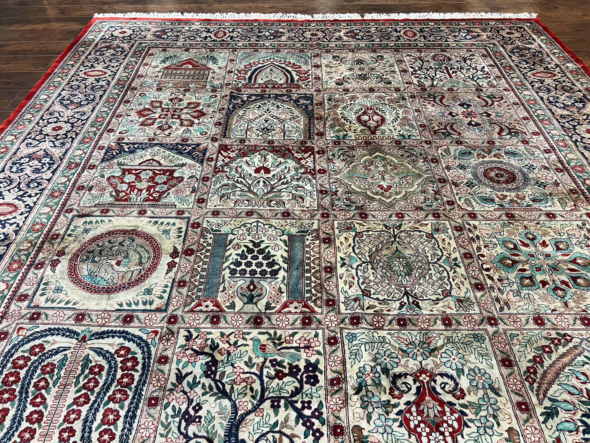 Silk Sino Persian Rug 9x12, Panel Design, Garden of Eden Pattern, Fine 200 KPSI, Hand Knotted Room Sized Silk Carpet, Vintage - Nuvé