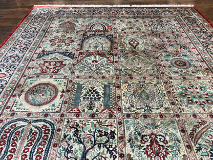 Silk Sino Persian Rug 9x12, Panel Design, Garden of Eden Pattern, Fine 200 KPSI, Hand Knotted Room Sized Silk Carpet, Vintage - Nuvé