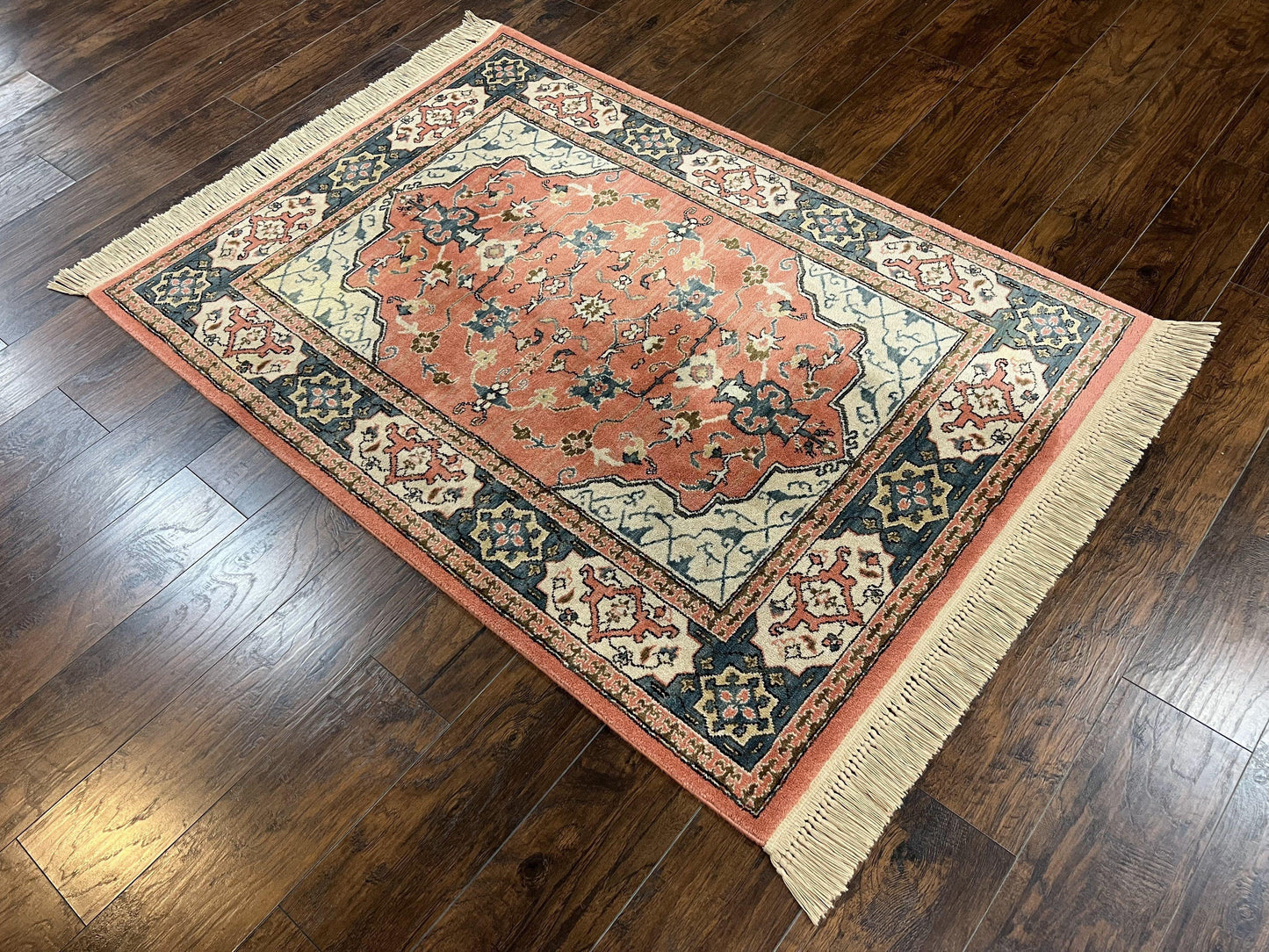 Karastan Rug 4x6 Bergama Design #737, Karastan Area Rug, Vintage Wool Karastan Carpet, Original Collection 700 Series, Salmon Red Light Blue - Nuvé