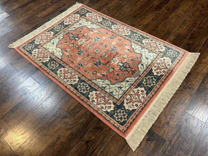 Karastan Rug 4x6 Bergama Design #737, Karastan Area Rug, Vintage Wool Karastan Carpet, Original Collection 700 Series, Salmon Red Light Blue - Nuvé