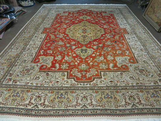 Vintage Persian Tabriz Rug 9x12, Tabatabaie Rug 9x12 Carpet, Handmade Hand Knotted Wool Area Rug, Tomato Red Beige, Medallion Rug, Floral - Nuvé