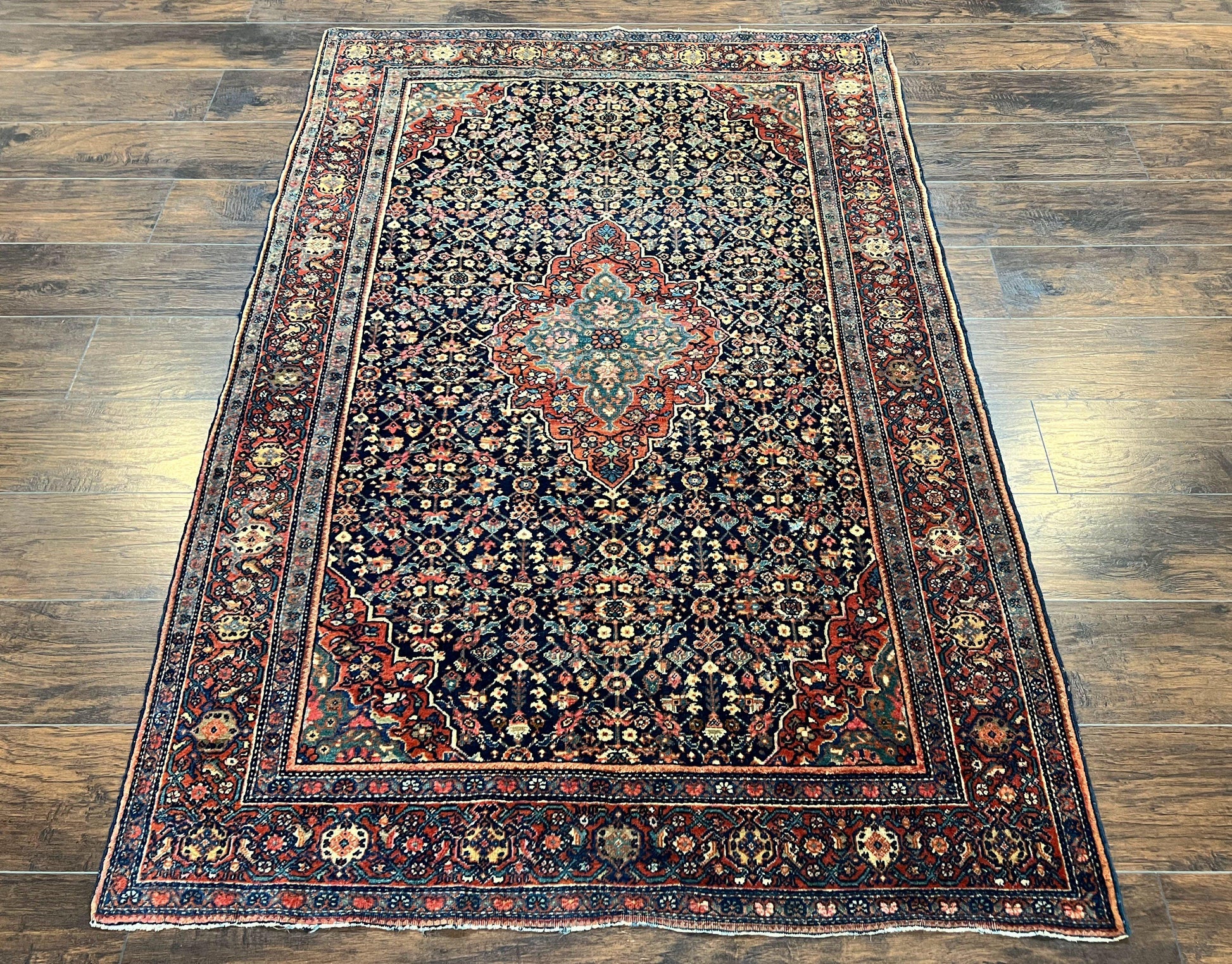 Persian Rug 4x7 Antique Sarouk Farahan Carpet, Navy Blue and Red Wool Rug - Nuvé