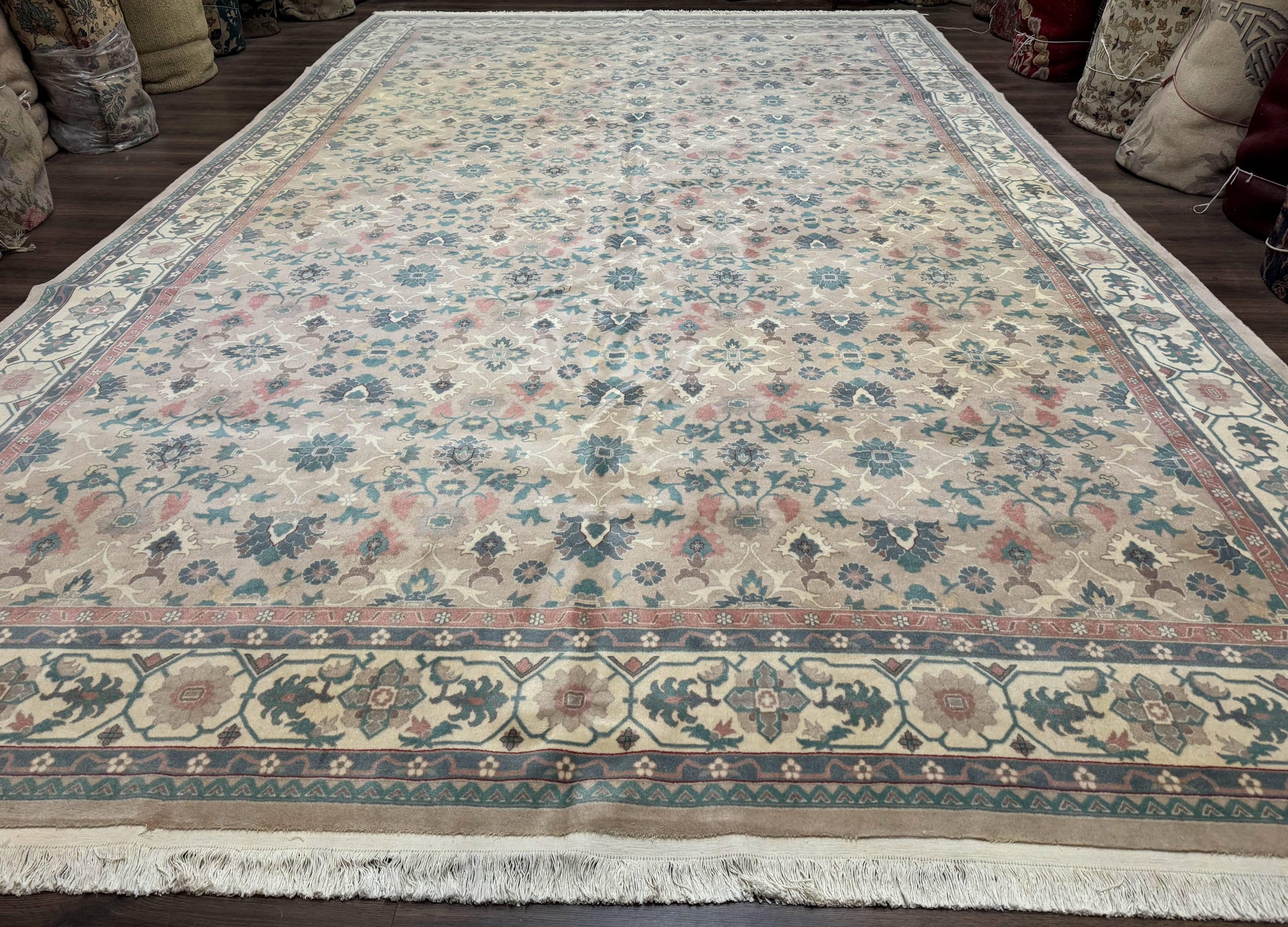 Palace Size Wool Rug 10x18, Sino Persian Kerman Rug, Oversized Hand Knotted Carpet, Light Taupe, Allover Pattern - Nuvé