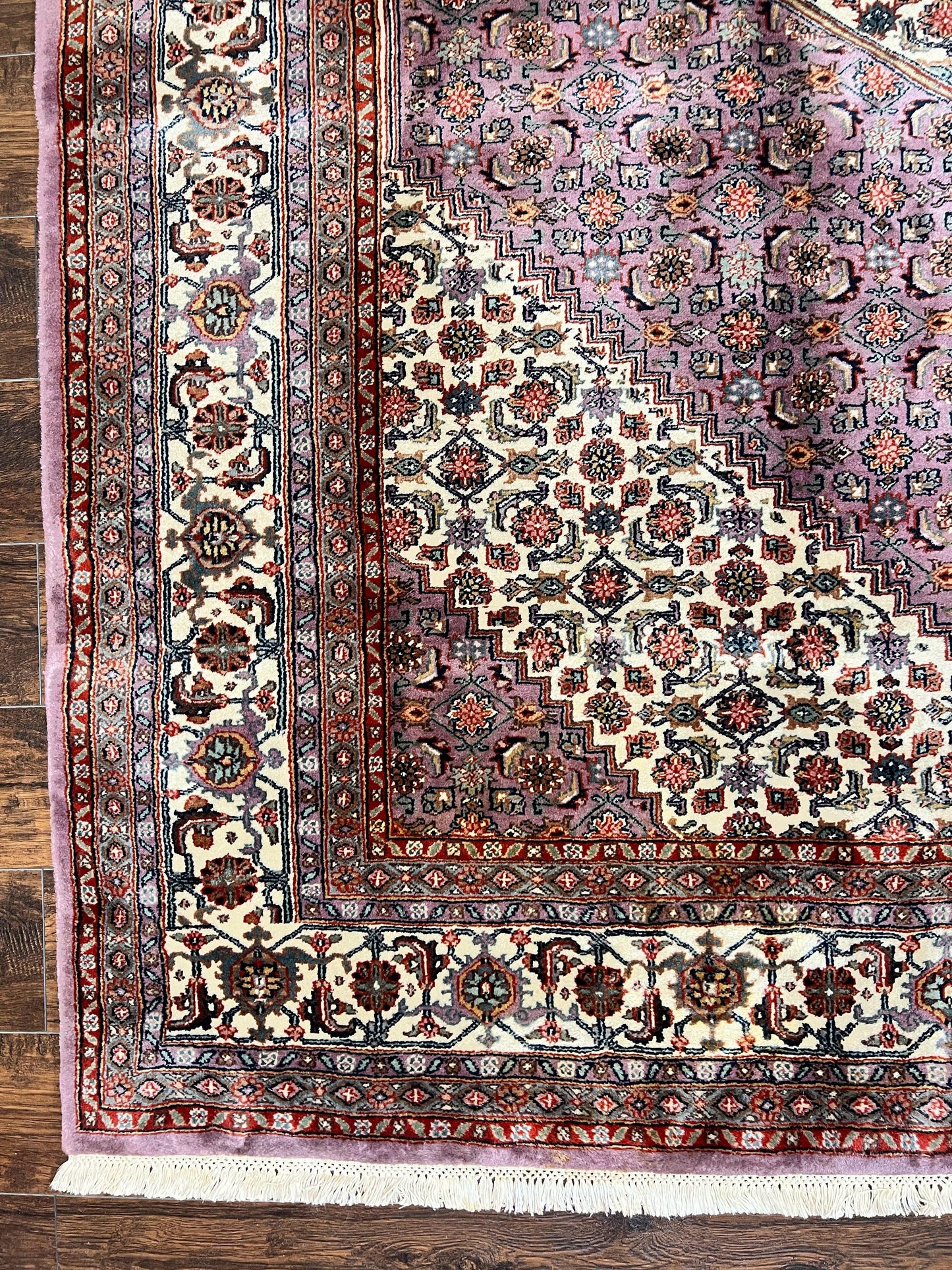 Indo Persian Bidjar Rug 8x10, Purple and Ivory Hand Knotted Wool Vintage Oriental Carpet, Herati Mahi Pattern, 8 x 10 Traditional Fine Rug - Nuvé