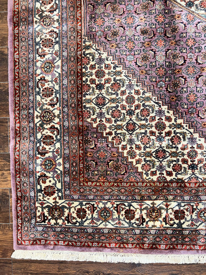 Indo Persian Bidjar Rug 8x10, Purple and Ivory Hand Knotted Wool Vintage Oriental Carpet, Herati Mahi Pattern, 8 x 10 Traditional Fine Rug - Nuvé