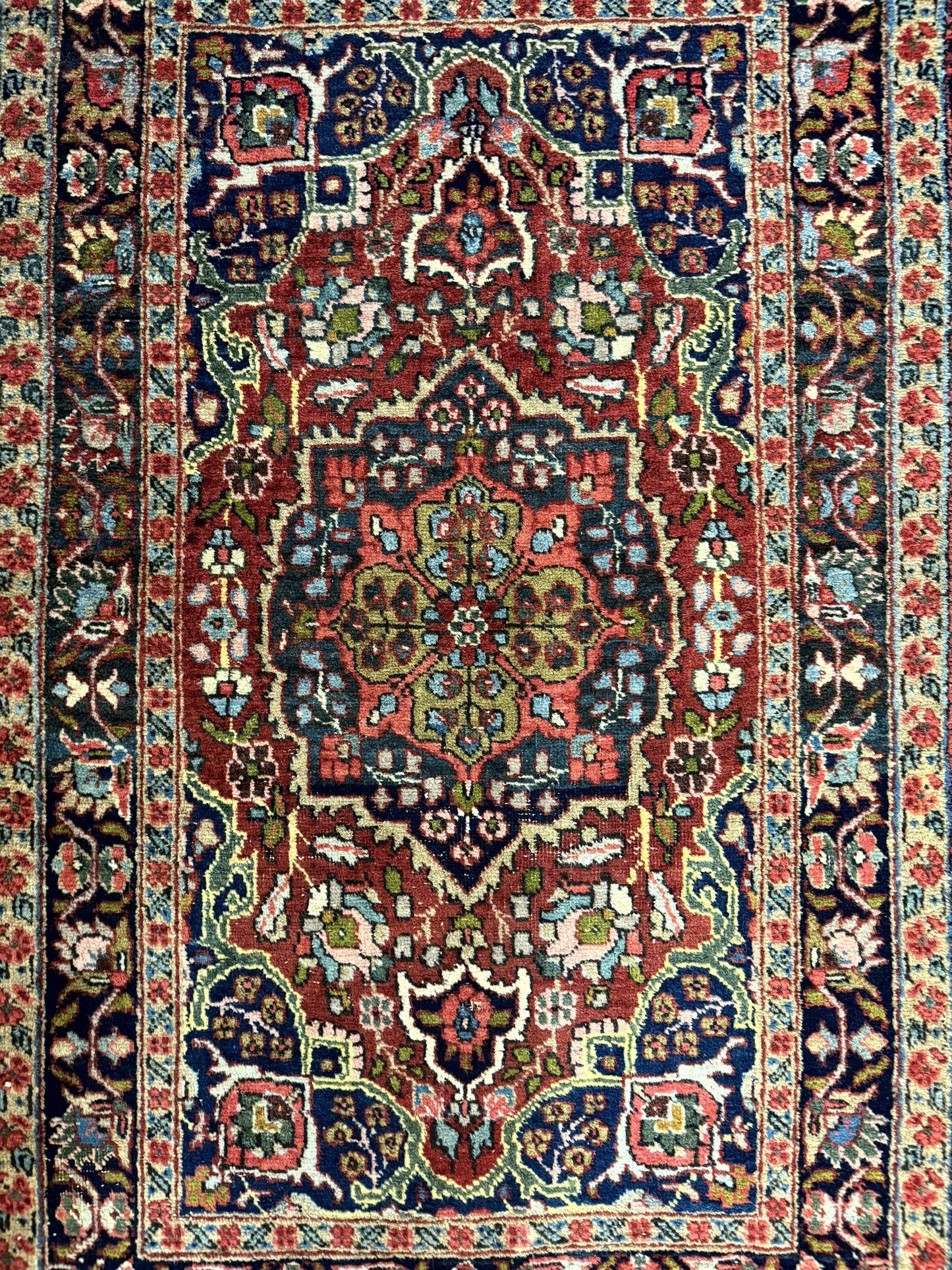 Antique Persian Tabriz Rug 3x5, Brick Red Navy Blue, Floral Medallion, Small Persian Carpet - Nuvé