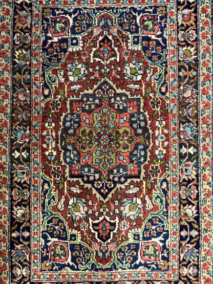 Antique Persian Tabriz Rug 3x5, Brick Red Navy Blue, Floral Medallion, Small Persian Carpet - Nuvé