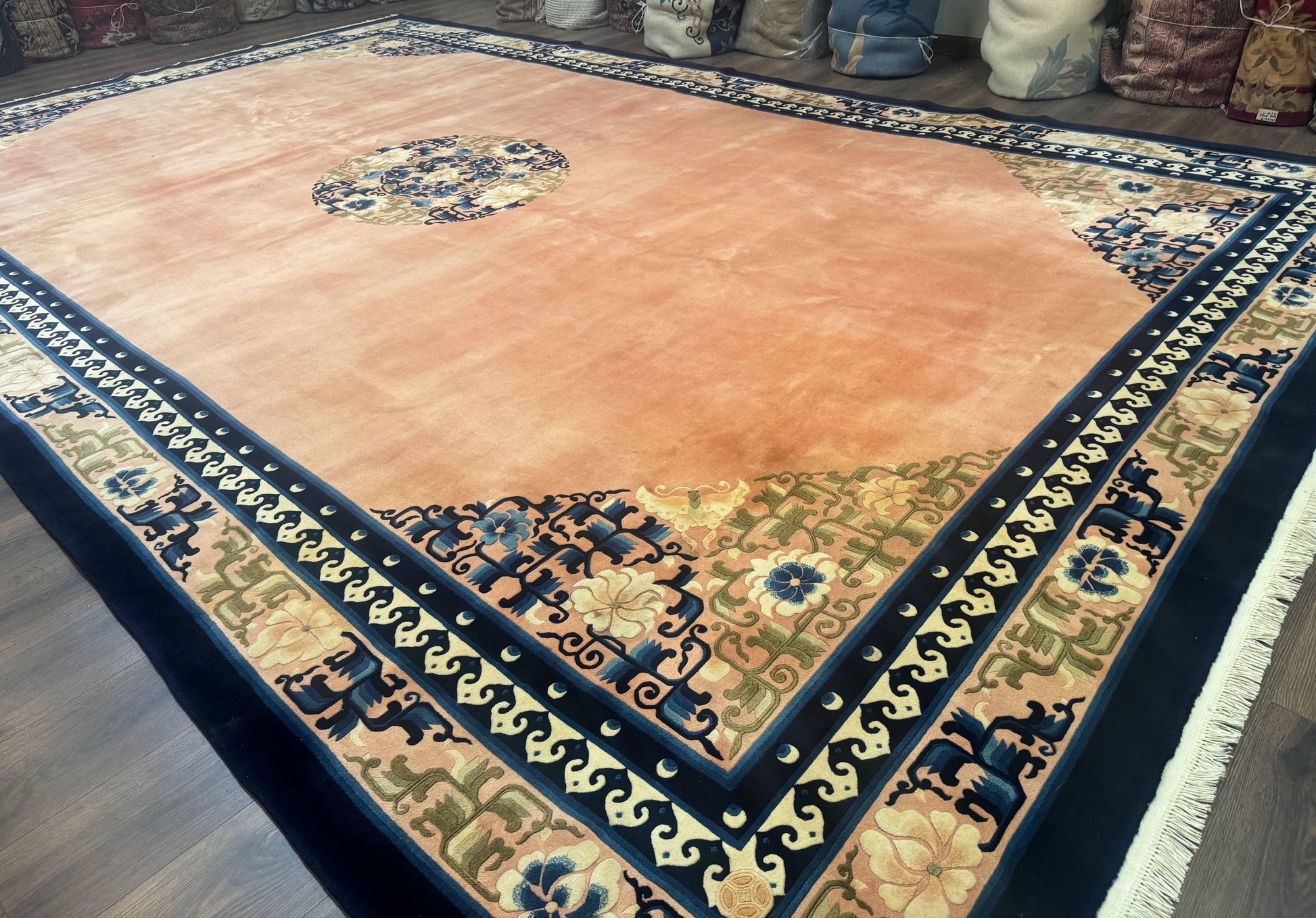 Chinese Wool Rug 11x18, Palace Sized Chinese Carpet, Peking Rug, Peach and Blue, Open Field, Simple Design, Art Deco Rug, Large Handmade Rug - Nuvé