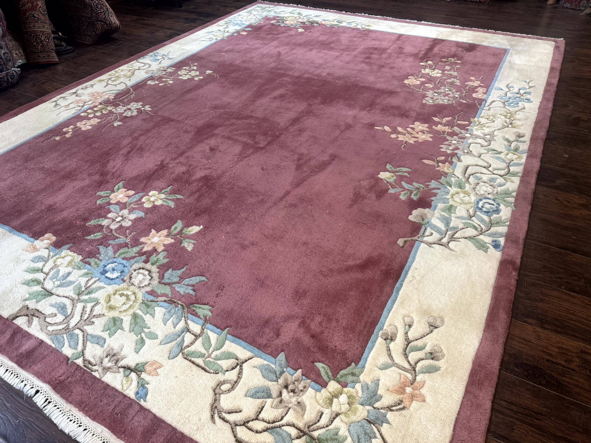 Indo Chinese Art Deco Rug 9x12, Pink and Ivory, Open Filed, Floral, Wool - Nuvé