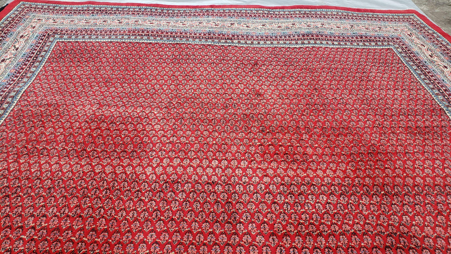 Persian Sarouk Mir Pattern, Red and Beige, Hand-Knotted, Wool, Paisley Boteh Design, 9'9" x 13', Semi Antique - Nuvé