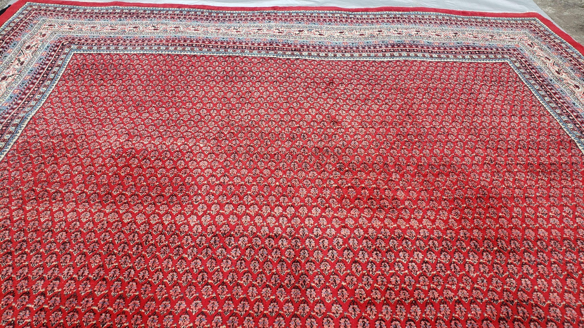 Persian Sarouk Mir Pattern, Red and Beige, Hand-Knotted, Wool, Paisley Boteh Design, 9'9" x 13', Semi Antique - Nuvé