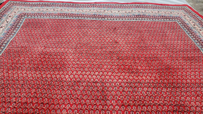 Persian Sarouk Mir Pattern, Red and Beige, Hand-Knotted, Wool, Paisley Boteh Design, 9'9" x 13', Semi Antique - Nuvé