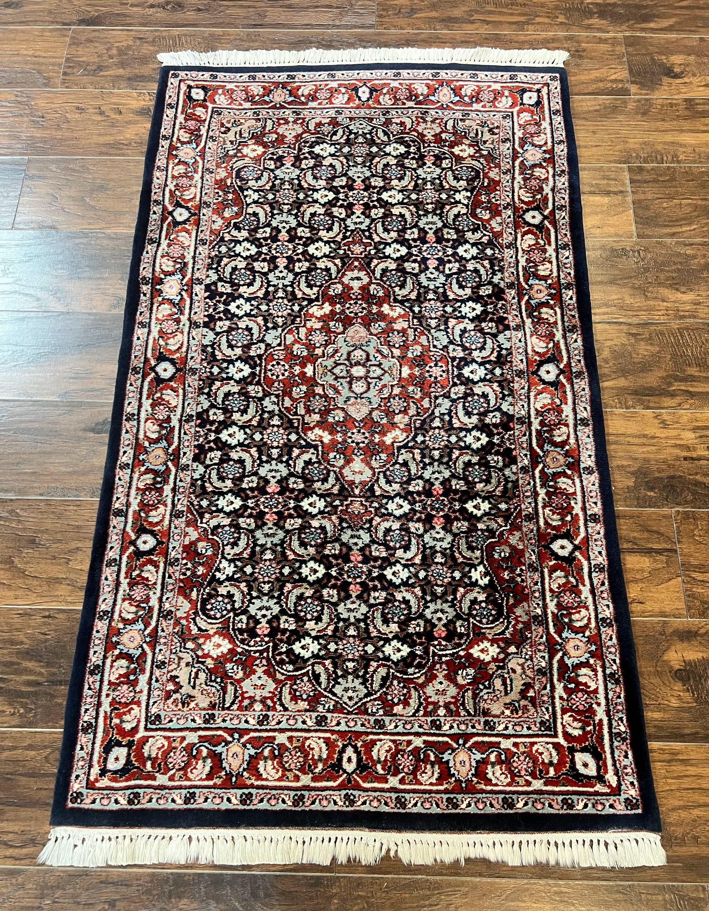 Indo Persian Rug 3x4, Herati Allover Pattern, Midnight Blue and Red, Small Vintage Handmade Wool Rug - Nuvé