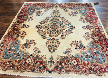 Square Persian Kerman Rug, Beige/Cream and Light Blue, Traditional Persian Rug, 5.5 x 5.5 ft - Nuvé