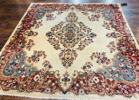 Square Persian Kerman Rug, Beige/Cream and Light Blue, Traditional Persian Rug, 5.5 x 5.5 ft - Nuvé