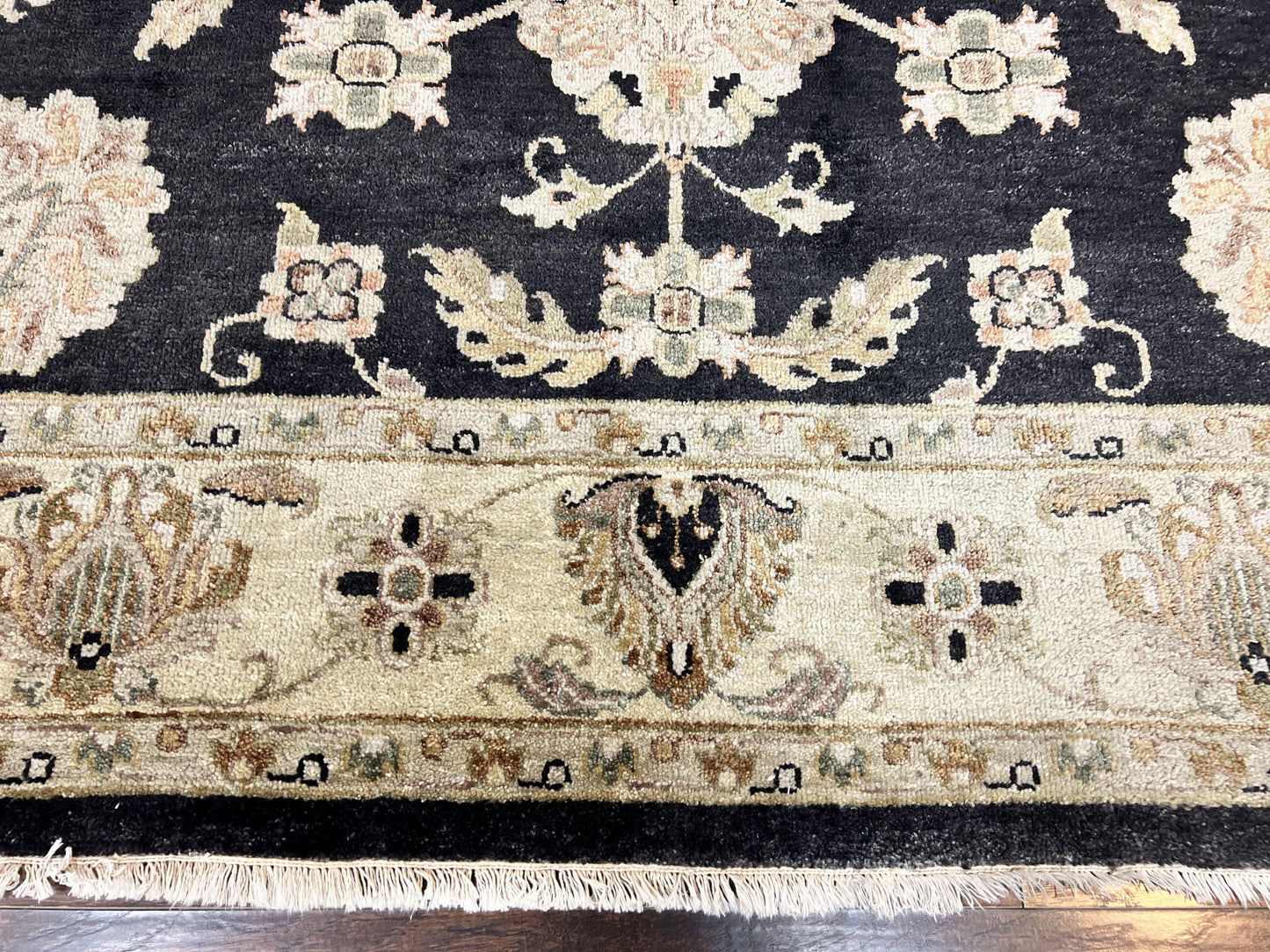Indo Mahal Rug 8x10, Black and Beige, Vintage Rug 8 x 10 ft, Floral, Handmade Wool Carpet - Nuvé