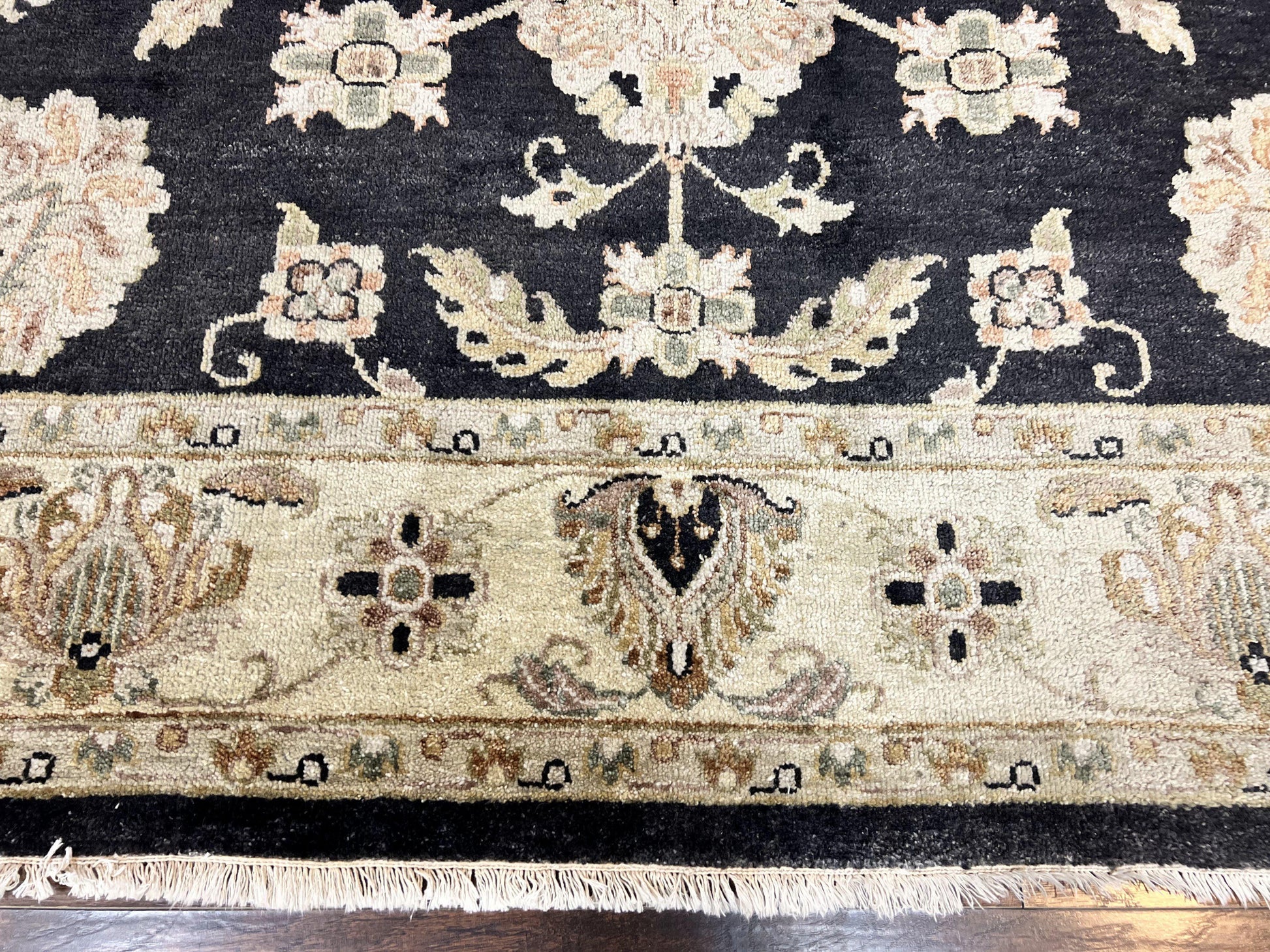 Indo Mahal Rug 8x10, Black and Beige, Vintage Rug 8 x 10 ft, Floral, Handmade Wool Carpet - Nuvé